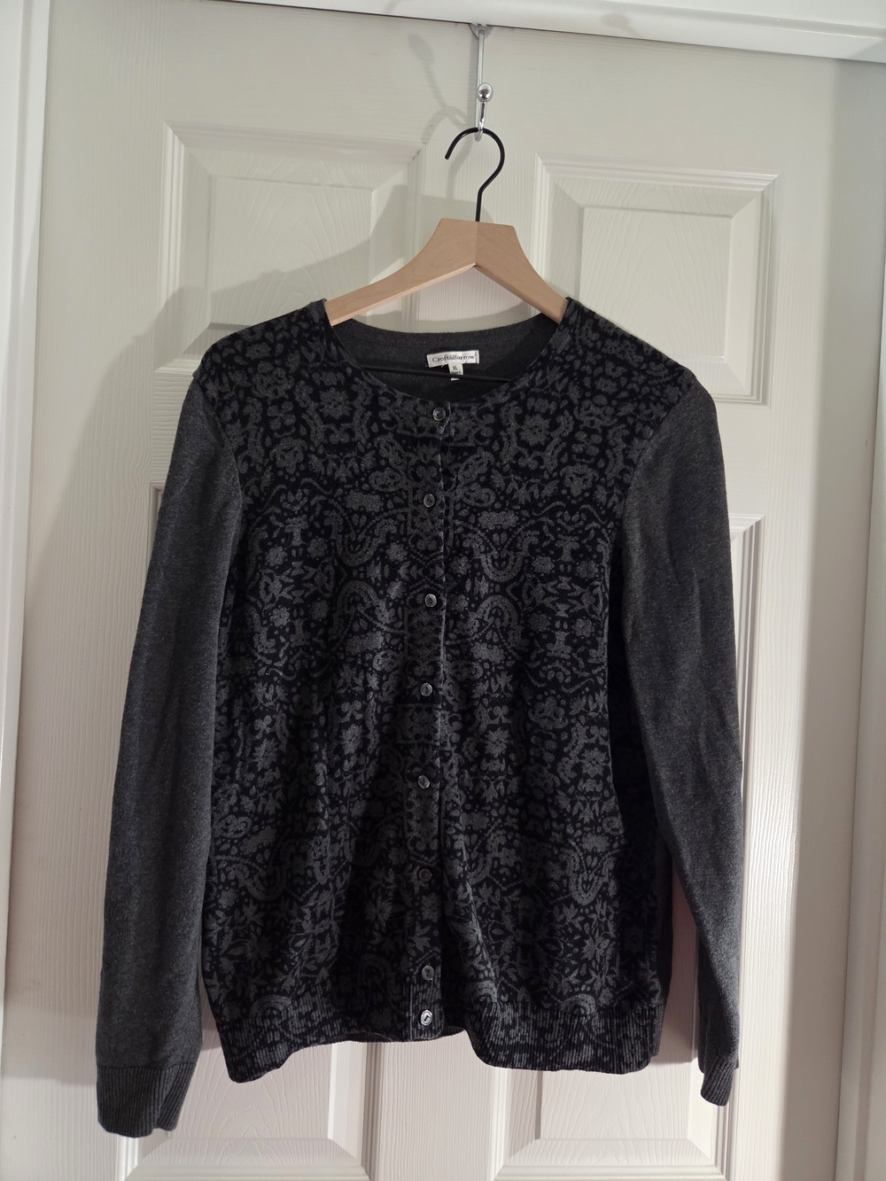 croft & barrow Black & Dark Gray Damask Button-Front Cardigan